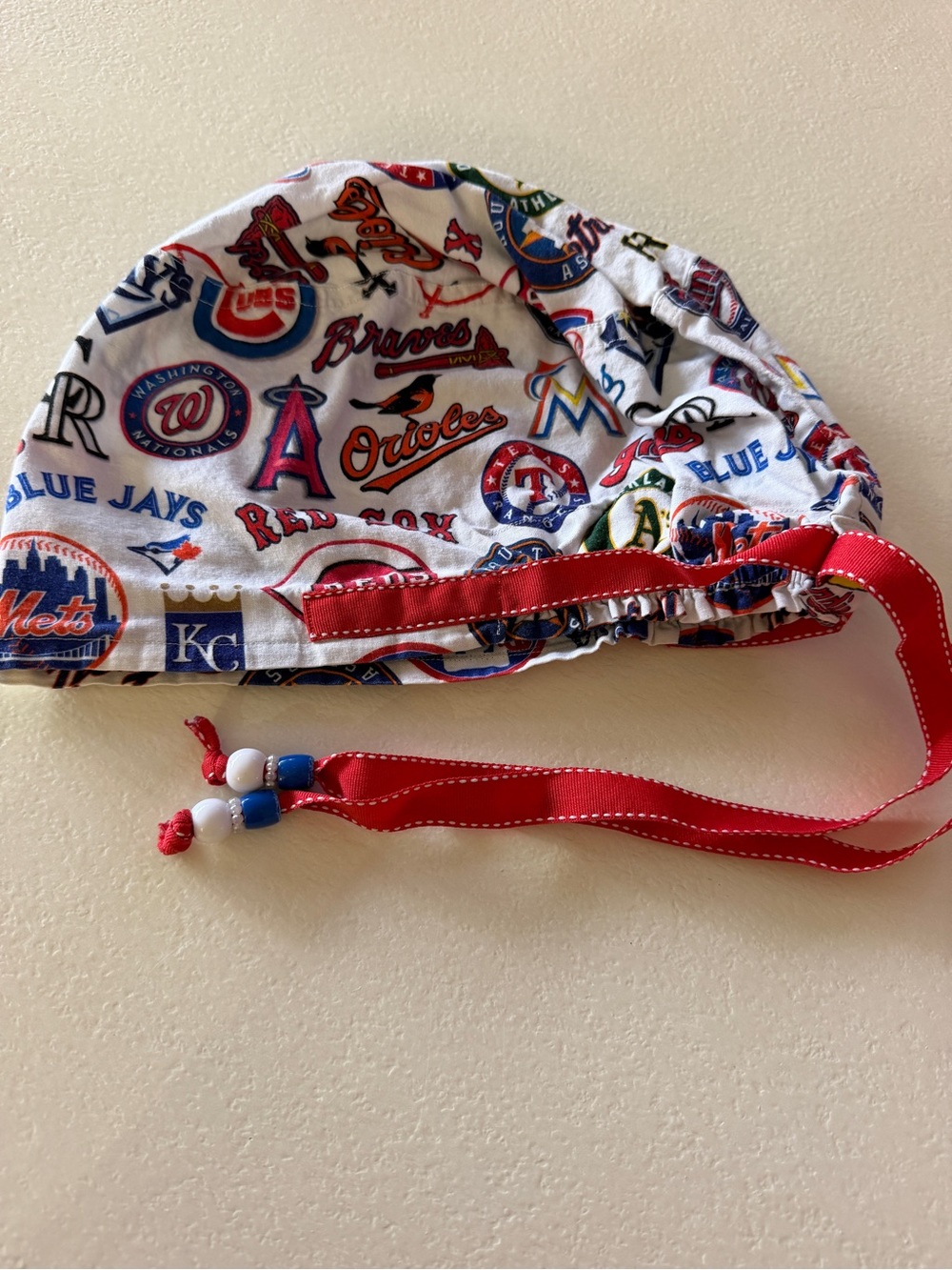 MLB Baseball Print Scrub Cap with Red Ties